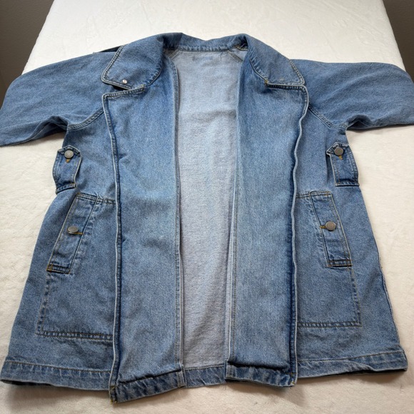 Forever 21 Premium Denim Jacket Women XL Blue Good Asymmetrical Utility Boxy - Picture 7 of 12